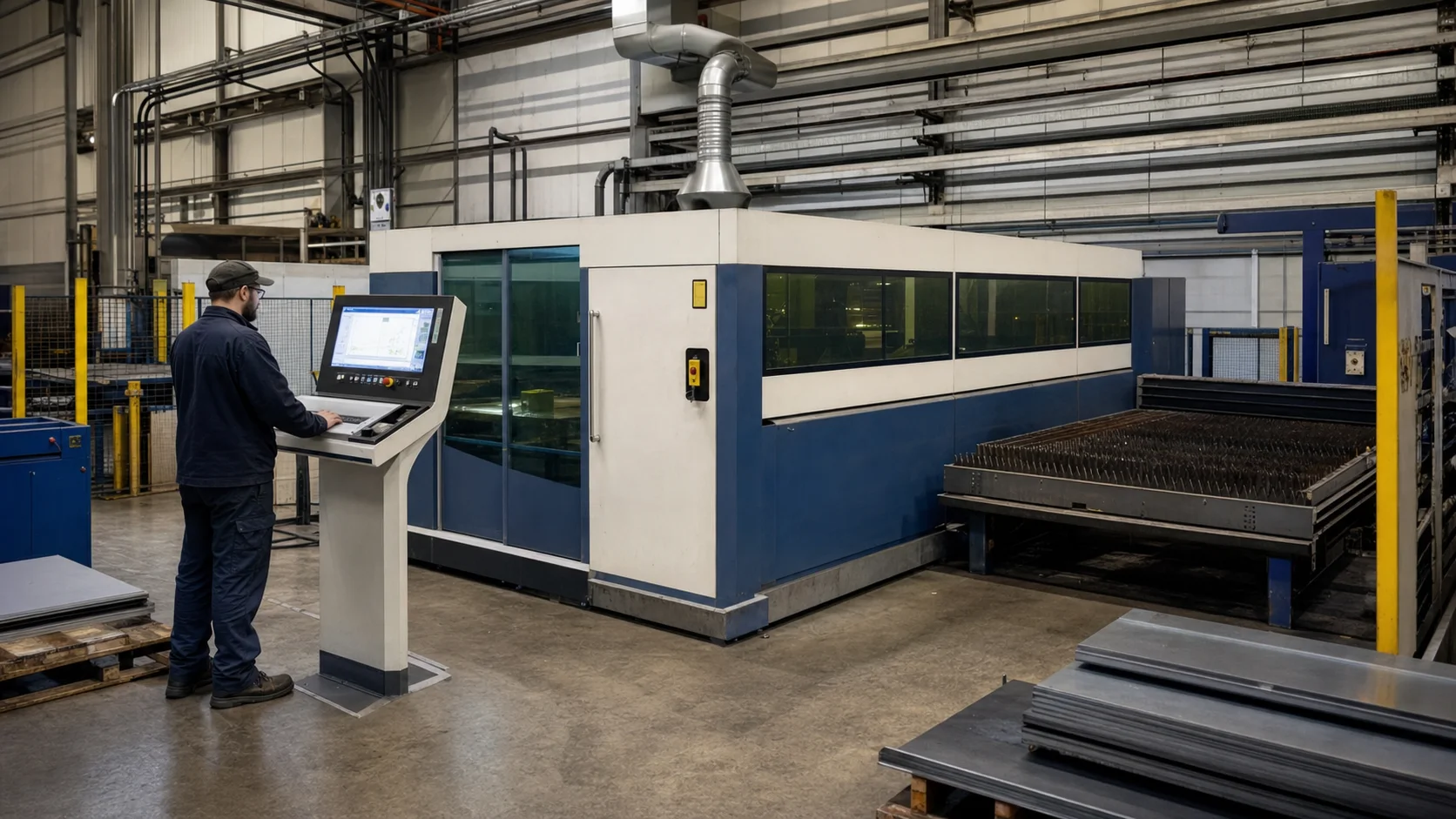 Operator using a CNC control console beside a sheet-metal laser cutting machine