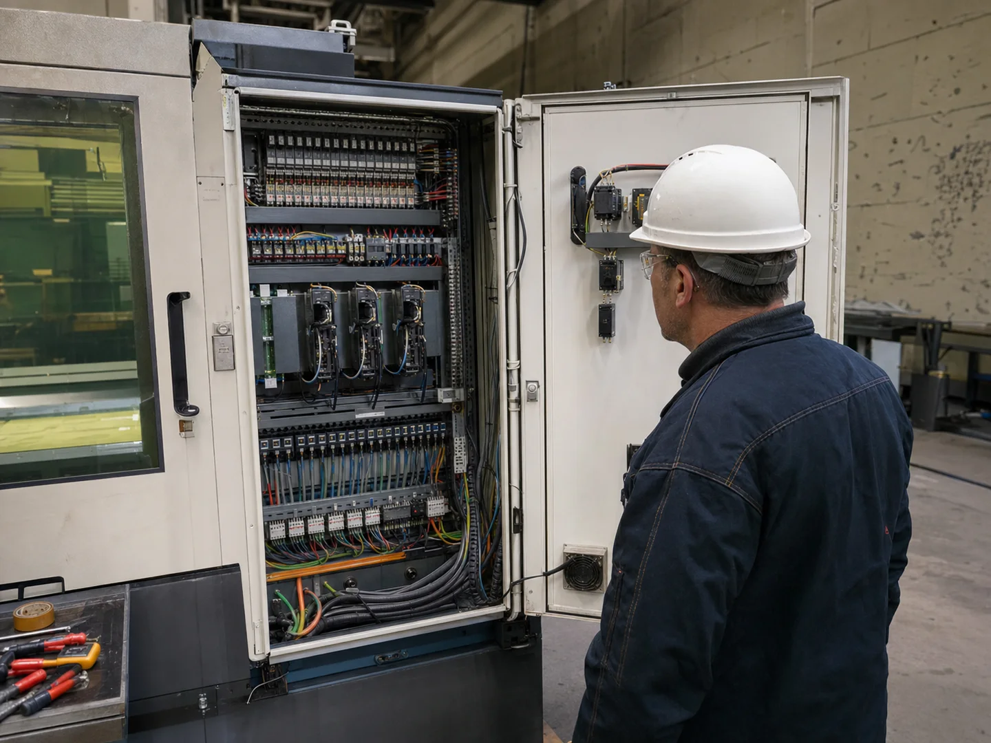 Engineer inspecting the electrical control cabinet of an installed laser cutting machine