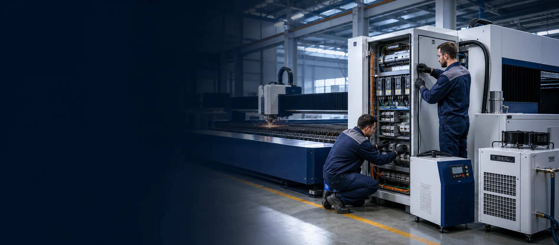 Arkmex engineers upgrading a laser cutting machine control cabinet and fiber laser system
