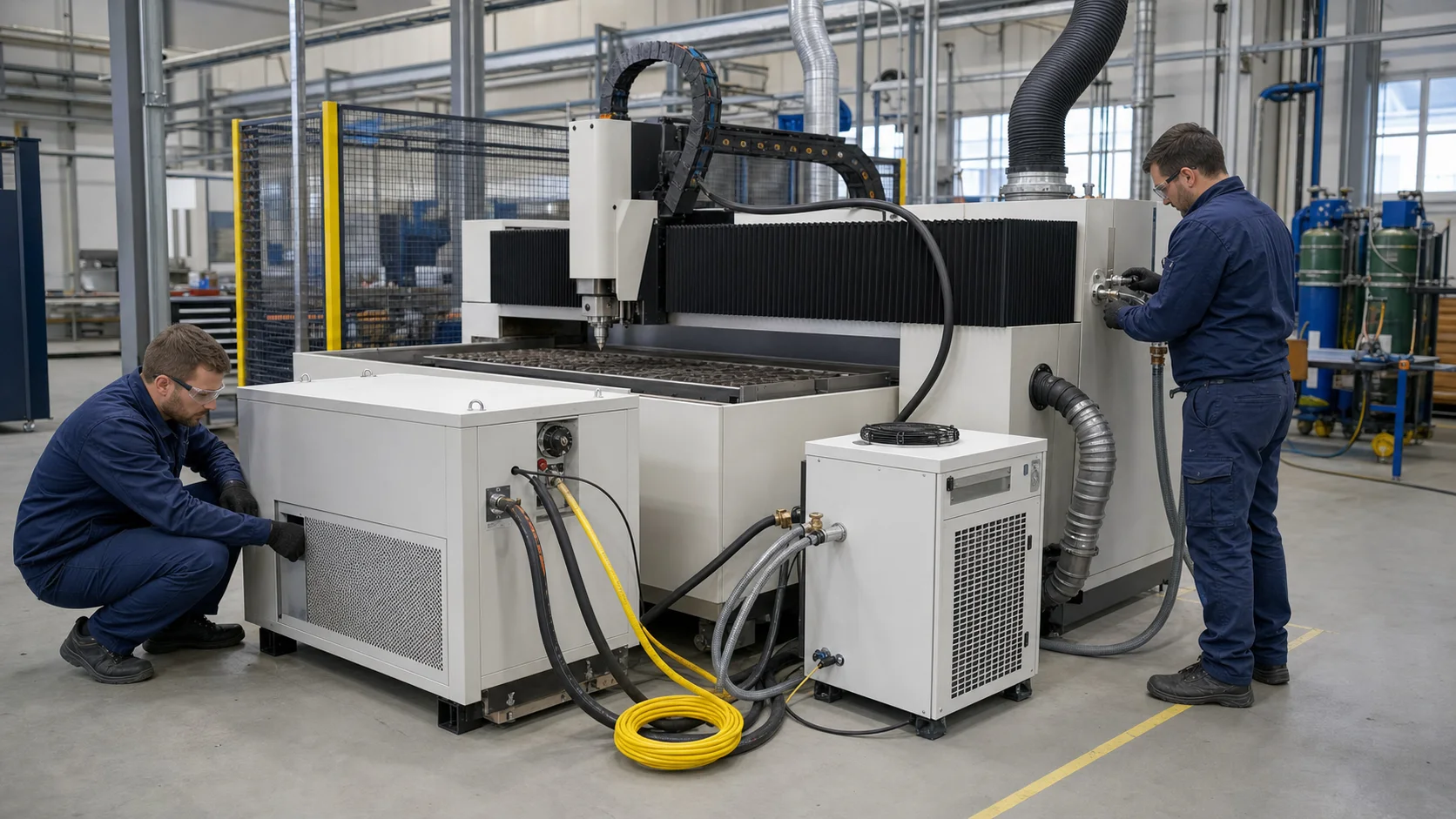High-power fiber laser source, cutting head and chiller integration on a cutting machine