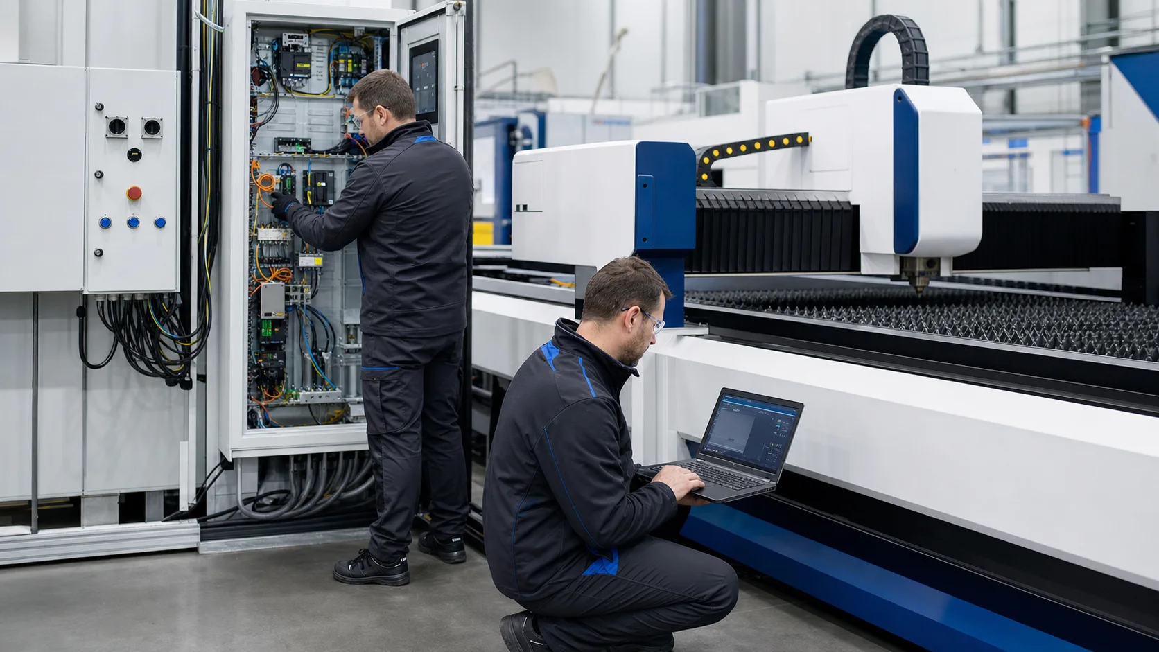 Laser cutting technician diagnosing an electrical cabinet while reviewing machine status on a laptop