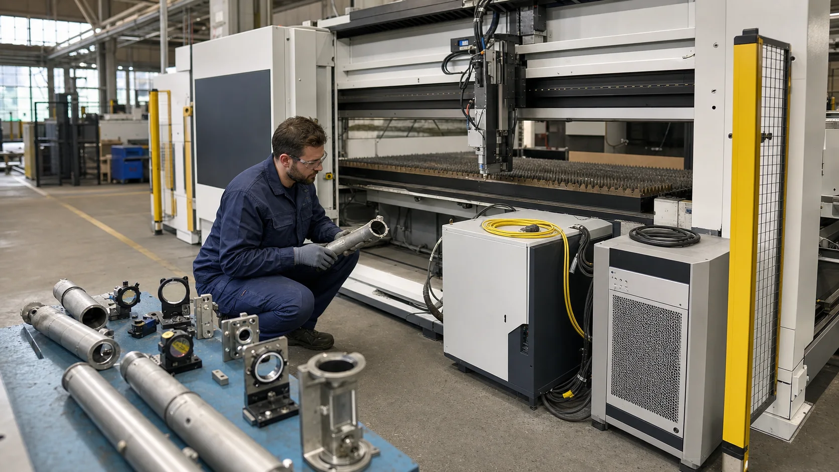 TRUMPF-CO2-Lasermaschine beim Faserlaser-Retrofit mit geöffnetem Schaltschrank